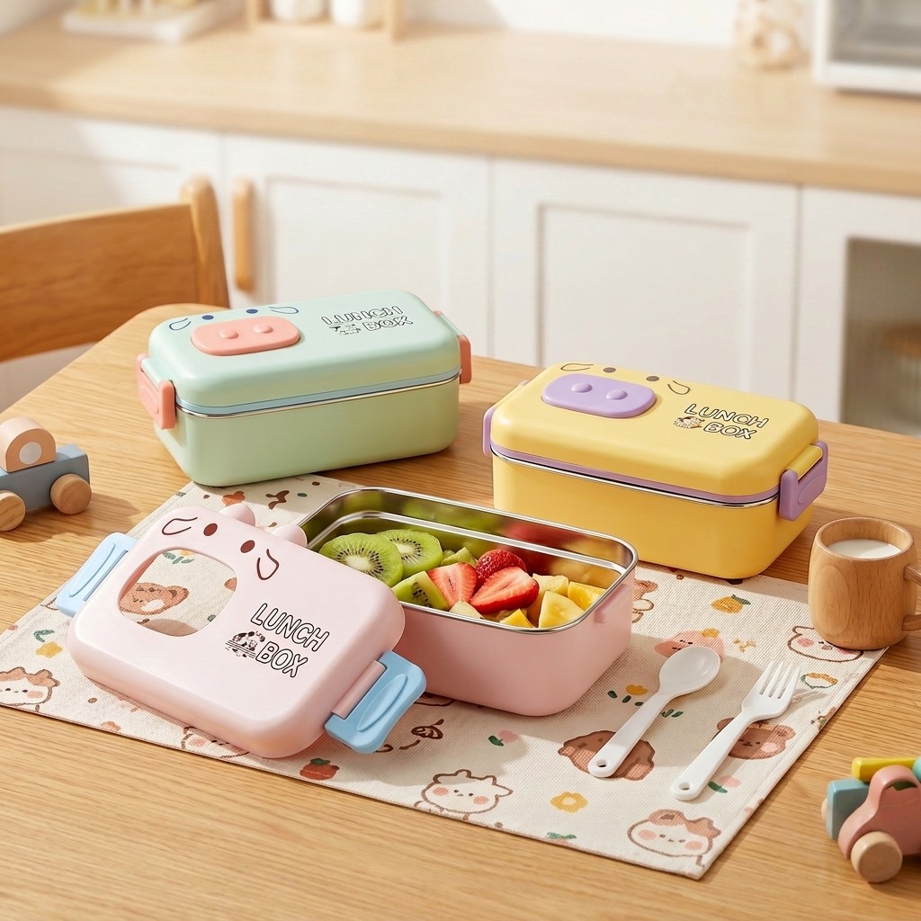 Baby Food Organizer - 304ステンレス製弁当箱、漏れ防止仕切り付き子供用ランチボックス、漫画柄、電子レンジ対応食品保存容器、カトラリー付きスナックボックス