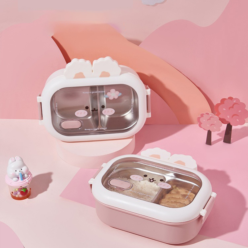 Baby Food Organizer - ステンレス鋼大容量ポータブルランチボックスウサギデザイン分割密封弁当箱子供学生かわいい誕生日プレゼント