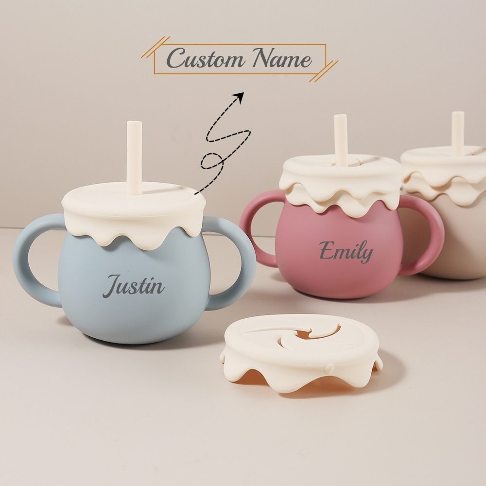 Snack Cup Toddler - パーソナライズされた280mlベビーカップ - 3 in 1シリコンスナックカップ、シッピーカップ、漏れ防止、アイスクリーム型、カスタムネーム