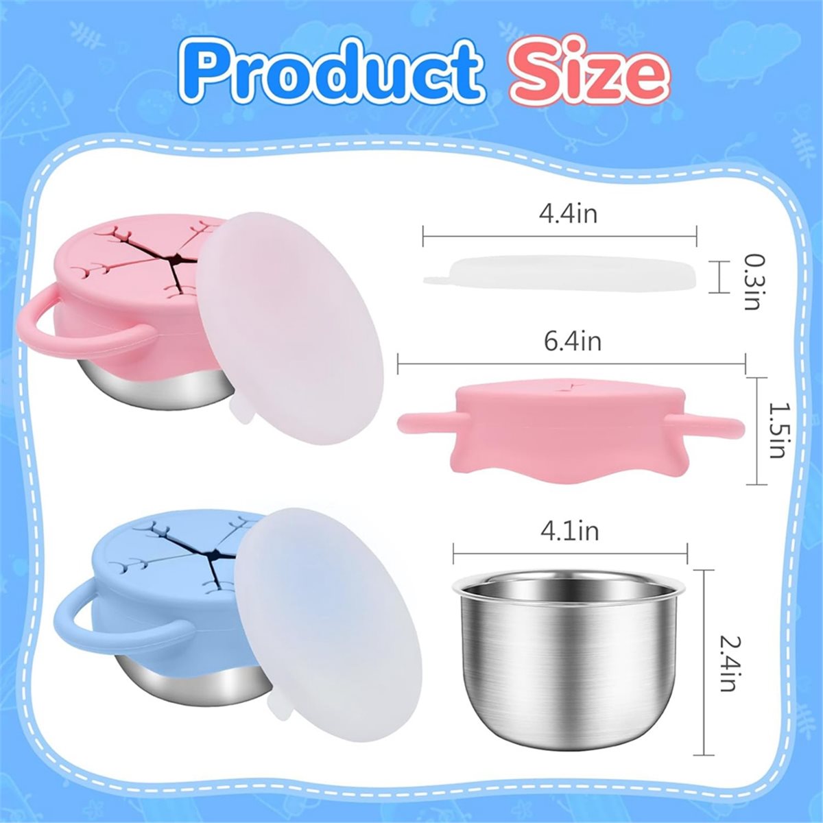 Snack Cup Toddler - 2026年新発売 2個パック 幼児用スナック容器 -13.5オンス ステンレス製スナックカップ 雪の結晶シリコン蓋＆ハンドル付き