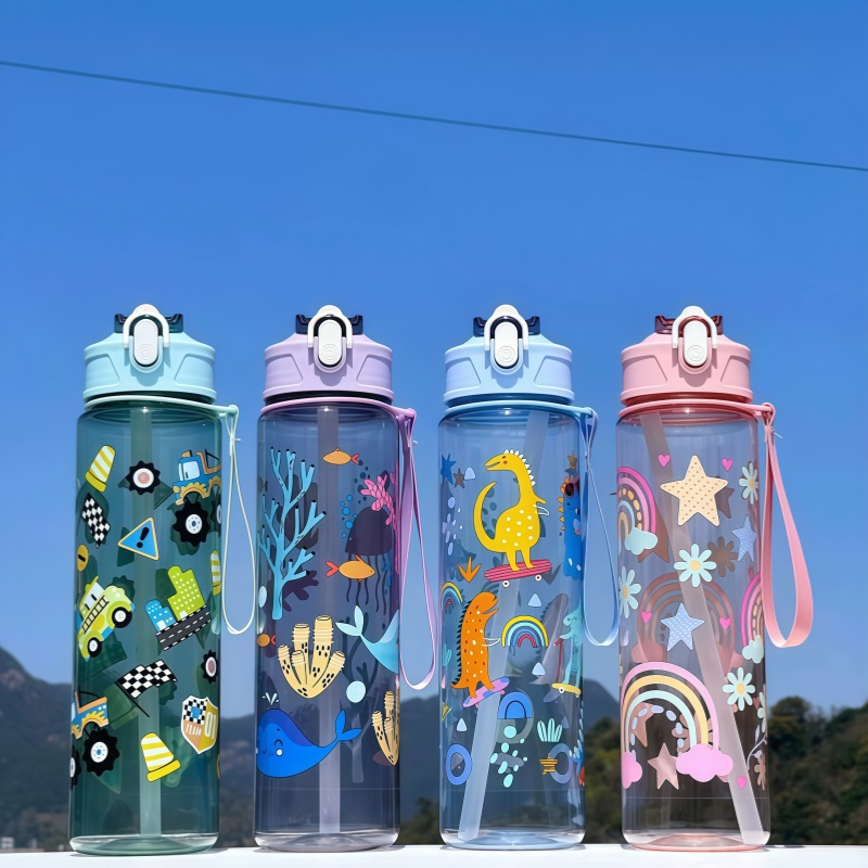 Baby Food Hipp - 750ml恐竜柄水筒 子供用水筒 シリコンストロー付き漏れ防止プラスチック製水筒 夏用キッズウォーターカップ