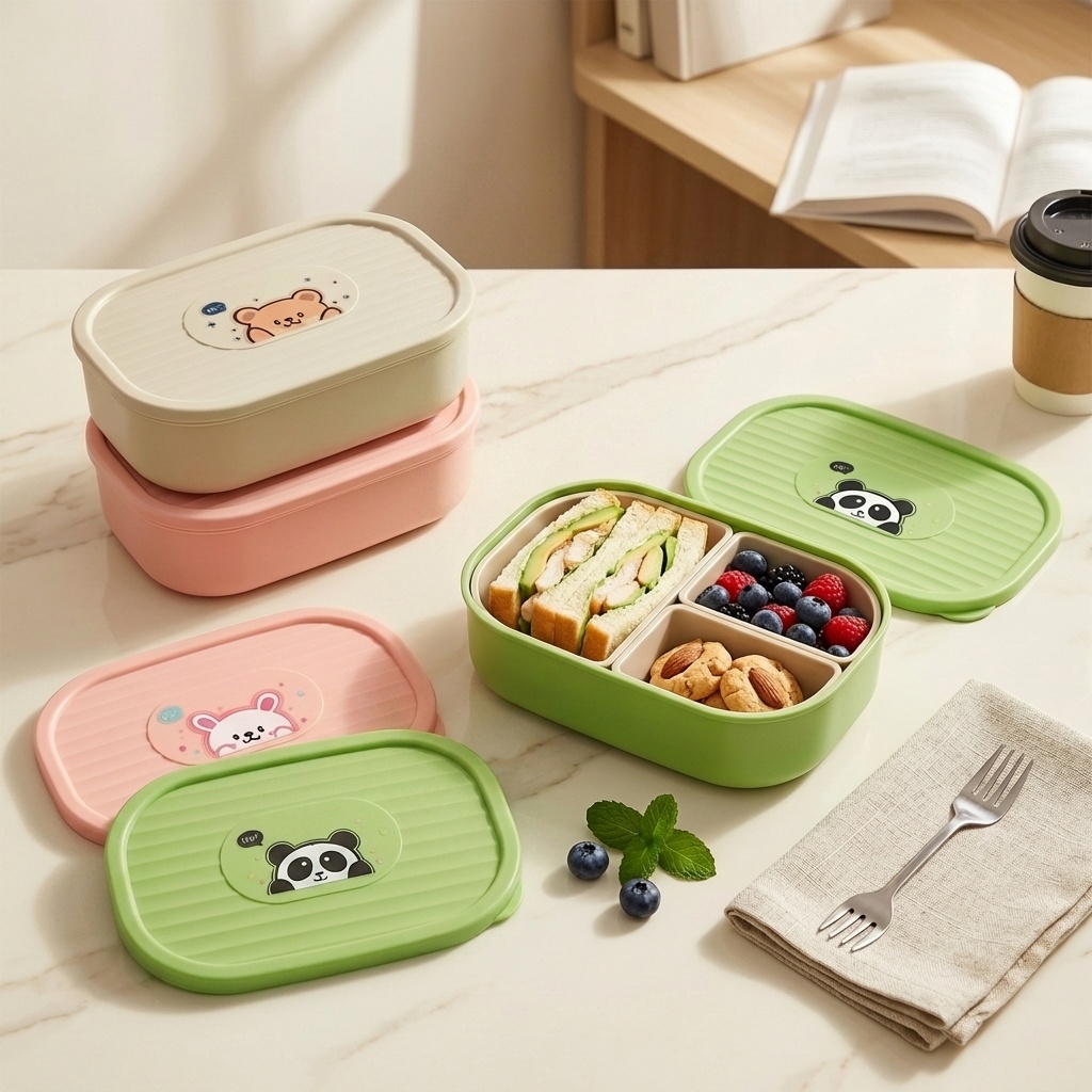 Baby Food Organizer - かわいいプラスチック製の分割ランチボックス子供学生用ポータブル密封された取り外し可能な3グリッドフルーツサラダ食品容器電子レンジ対応