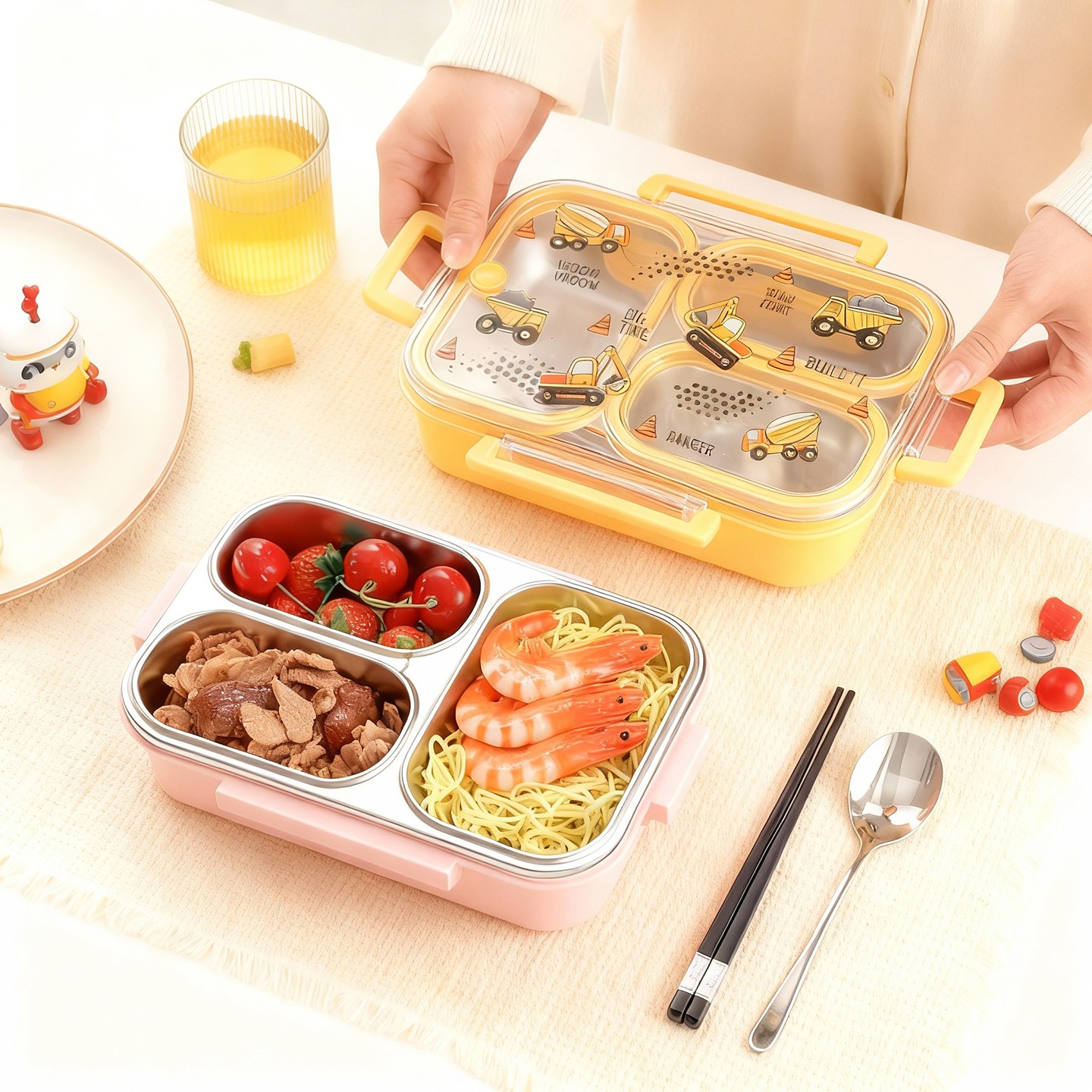 大容量漫画柄子供用ランチボックス、ハンドル付き、持ち運び可能 - Baby Food Organizer のレビューと価格