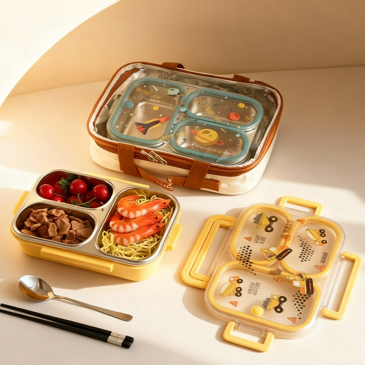 大容量漫画柄子供用ランチボックス、ハンドル付き、持ち運び可能 - Baby Food Organizer のレビューと価格